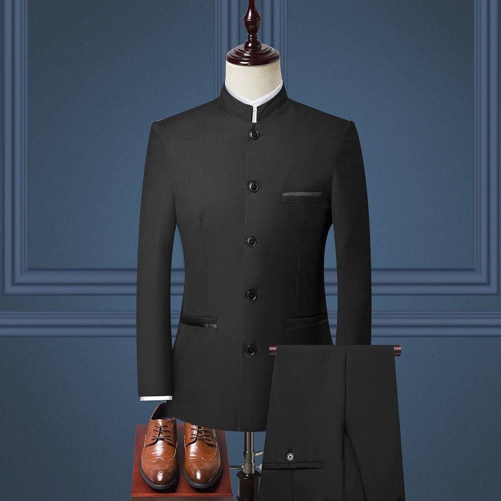 Mens Suits Set (Jacket+Pants+Vest) Stand Collar Chinese Style Slim Fit Suits 3 Piece Wedding Men Clothing