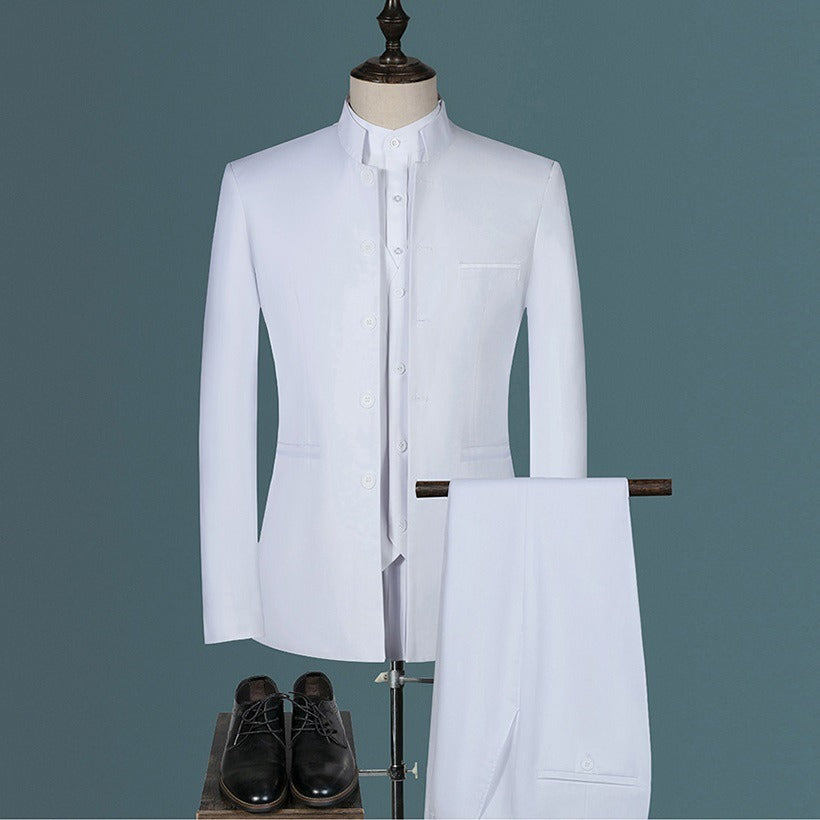 Mens Suits Set (Jacket+Pants+Vest) Stand Collar Chinese Style Slim Fit Suits 3 Piece Wedding Men Clothing