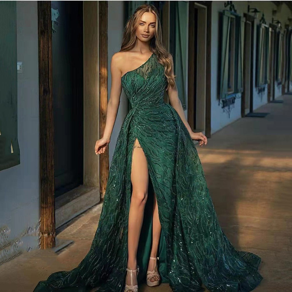 Oblique Shoulder Split Long Dress, Toast Dress, Sequin Sling Evening Dress