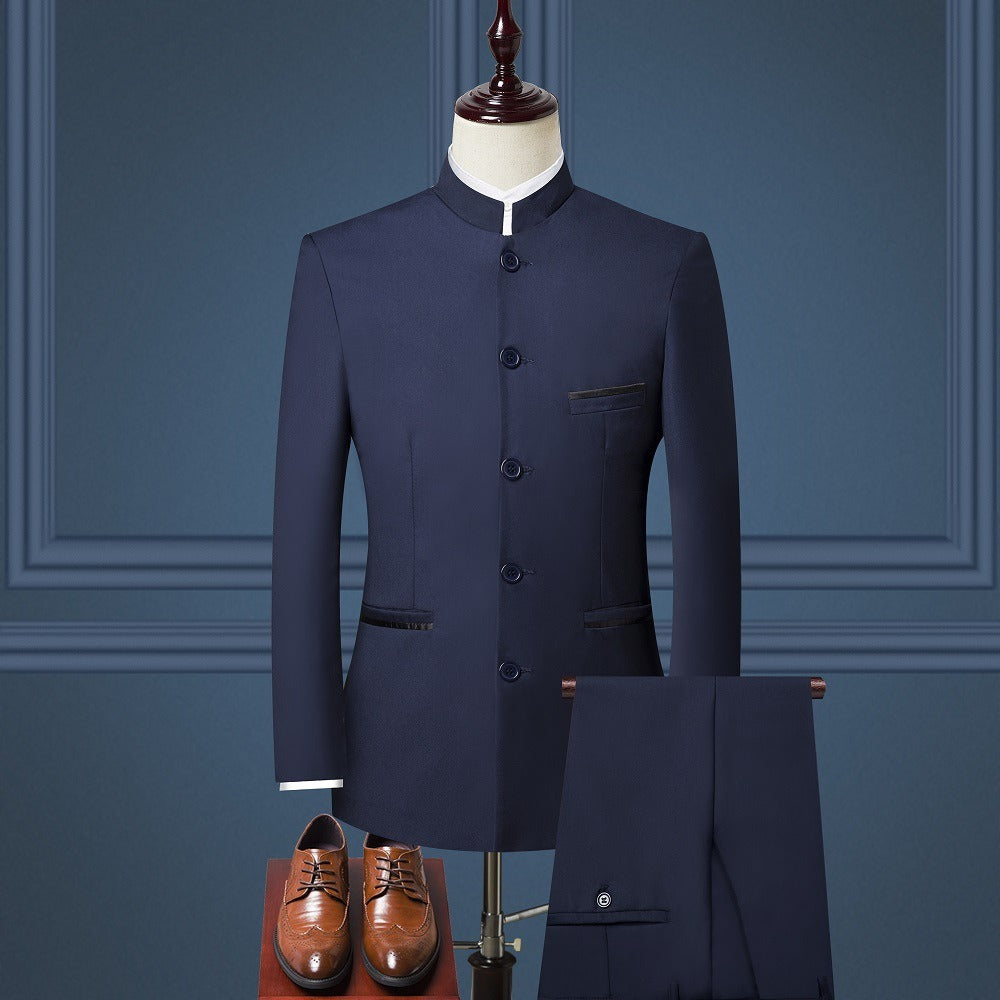 Mens Suits Set (Jacket+Pants+Vest) Stand Collar Chinese Style Slim Fit Suits 3 Piece Wedding Men Clothing