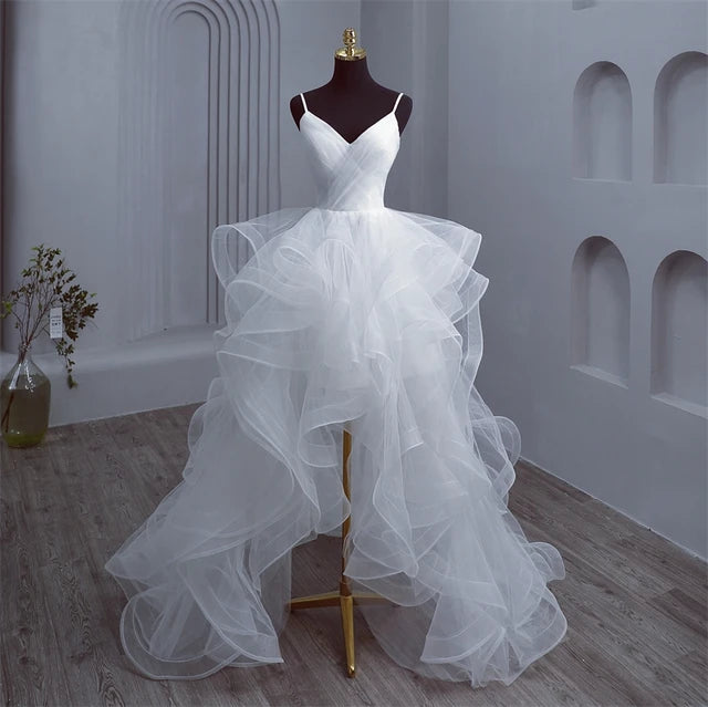 Short Front Long Back White Wedding Dresses Spaghetti Straps Deep V Neck High-low Bridal Gowns Vestido Custom Color