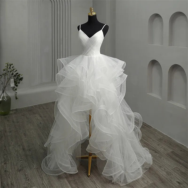 Short Front Long Back White Wedding Dresses Spaghetti Straps Deep V Neck High-low Bridal Gowns Vestido Custom Color