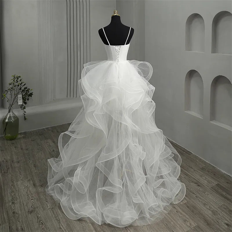 Short Front Long Back White Wedding Dresses Spaghetti Straps Deep V Neck High-low Bridal Gowns Vestido Custom Color