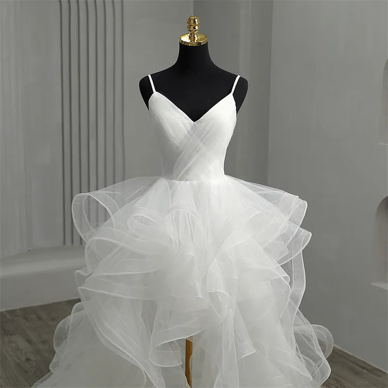Short Front Long Back White Wedding Dresses Spaghetti Straps Deep V Neck High-low Bridal Gowns Vestido Custom Color
