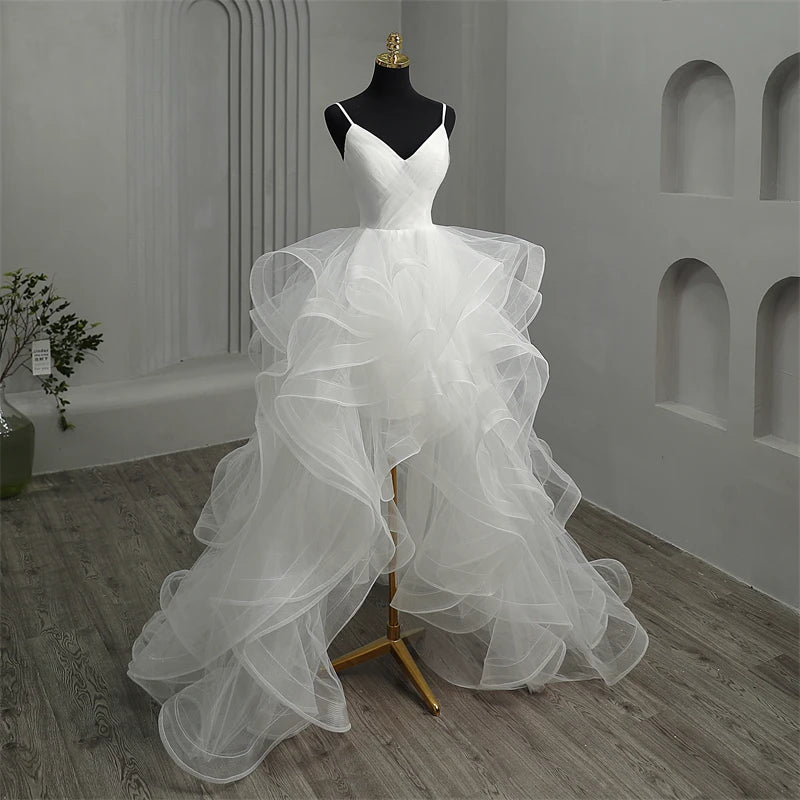 Short Front Long Back White Wedding Dresses Spaghetti Straps Deep V Neck High-low Bridal Gowns Vestido Custom Color