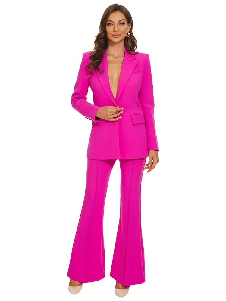 Amandina Luxe Fuchsia Women's Two Piece Business Suit Set One Button Blazer and Pants