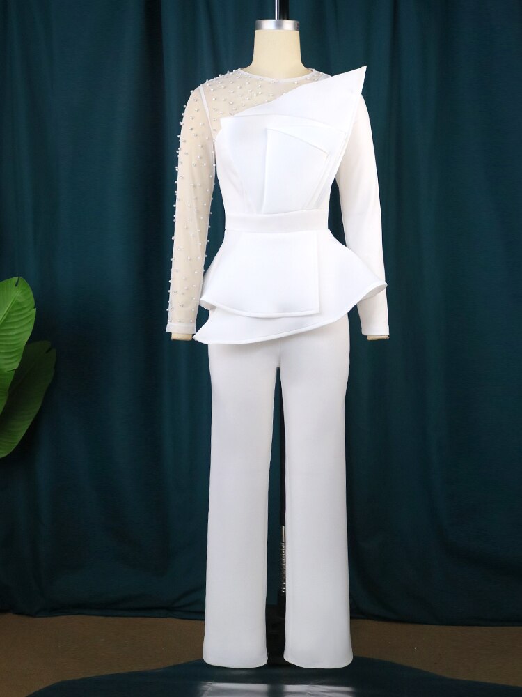 Big Size Women Dressy Jumpsuit Vintage Beaded Patchwork Romper Long Sleeve Straight Wide Leg Elegant Party Birthday Evening 4XL