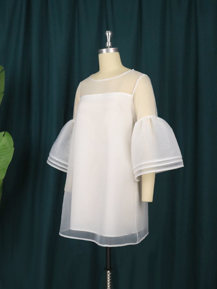 Plus Size 4XL Loose Dresses for Women White O Neck Mesh Tierred Robes Flare Sleeve Mini Gowns Party Event Occasion Outfits Fall