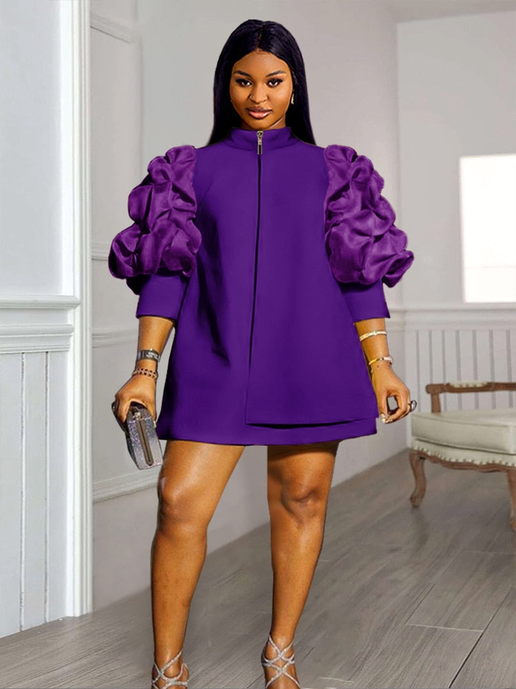 Plus Size 4XL Mini Shift Dress Women High Neck Puff Sleeve Zipper Robes Vintage Party Club Events Wear Trendy Fall Winter 2023