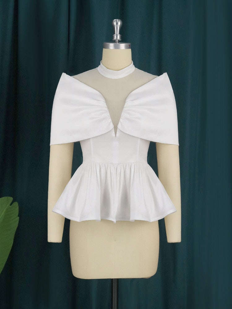 plus size White Blouses for Women Fashion Patchwork Mesh See Through Peplum Party Tops Sexy Ruffles Event Elegant Female Shirt Summer