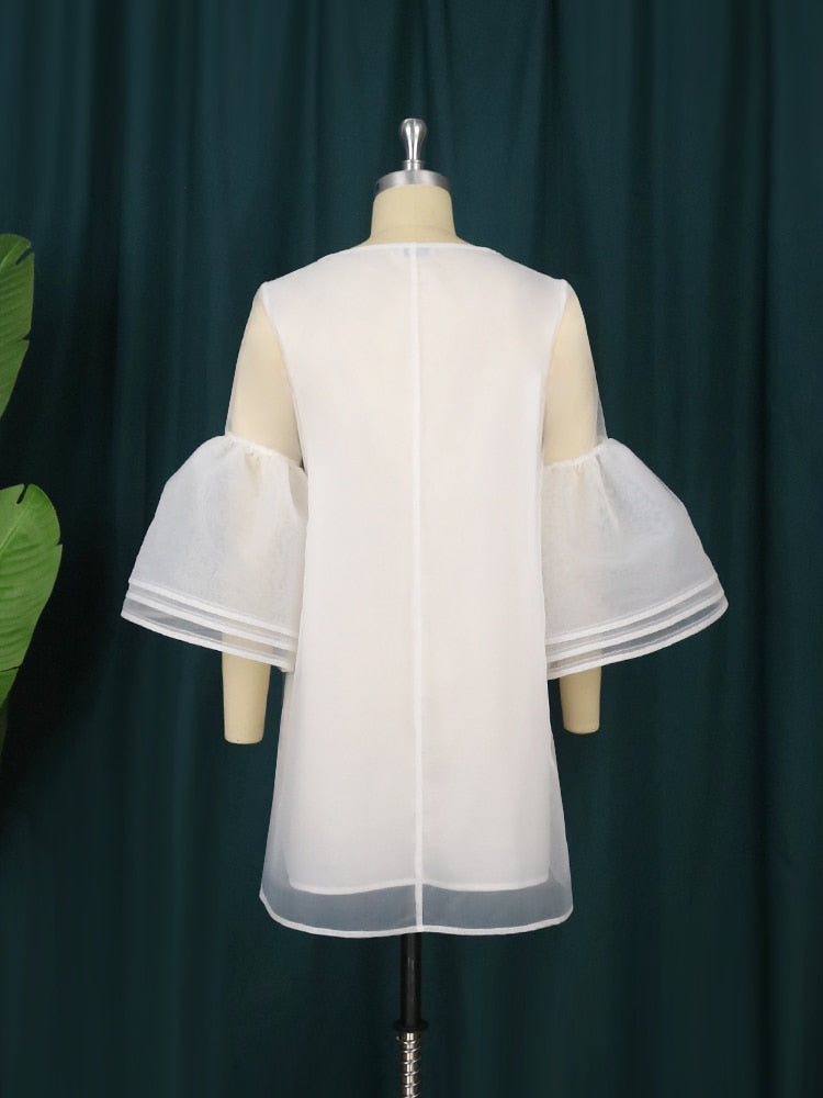 Plus Size 4XL Loose Dresses for Women White O Neck Mesh Tierred Robes Flare Sleeve Mini Gowns Party Event Occasion Outfits Fall