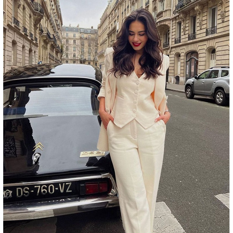 Chic Two-Piece Pants Set with Free Vest: Fashionable Blazer and Straight Leg Pants - Perfect for Leisure, Party, Youthful Style