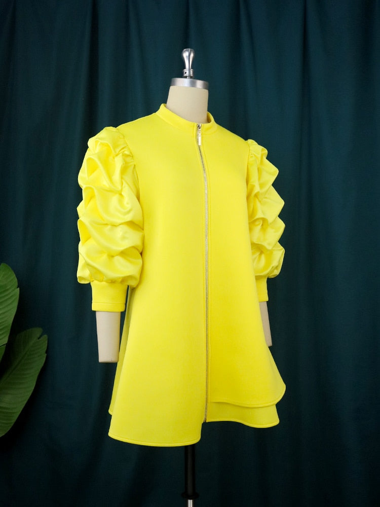 Plus Size 4XL Mini Shift Dress Women High Neck Puff Sleeve Zipper Robes Vintage Party Club Events Wear Trendy Fall Winter 2023