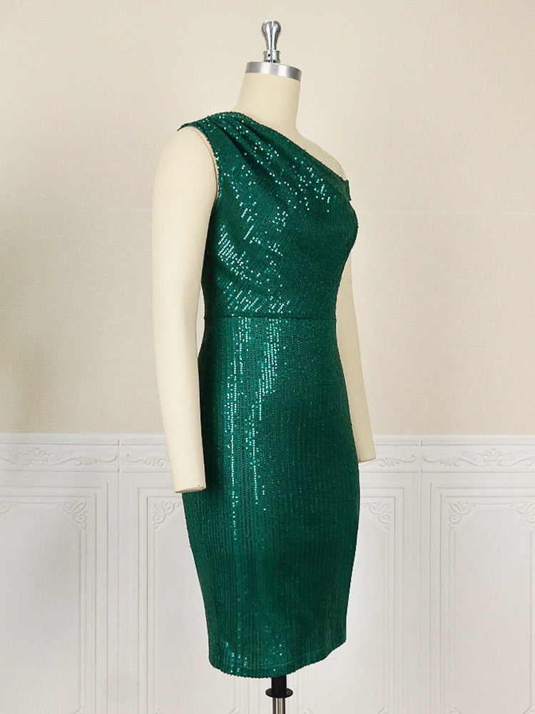 curves Sequins Dress Women Club Wear Bodycon One Shoulder Robes Femmes African Sleeveless Mini Inclined Shoulder Ball Gowns