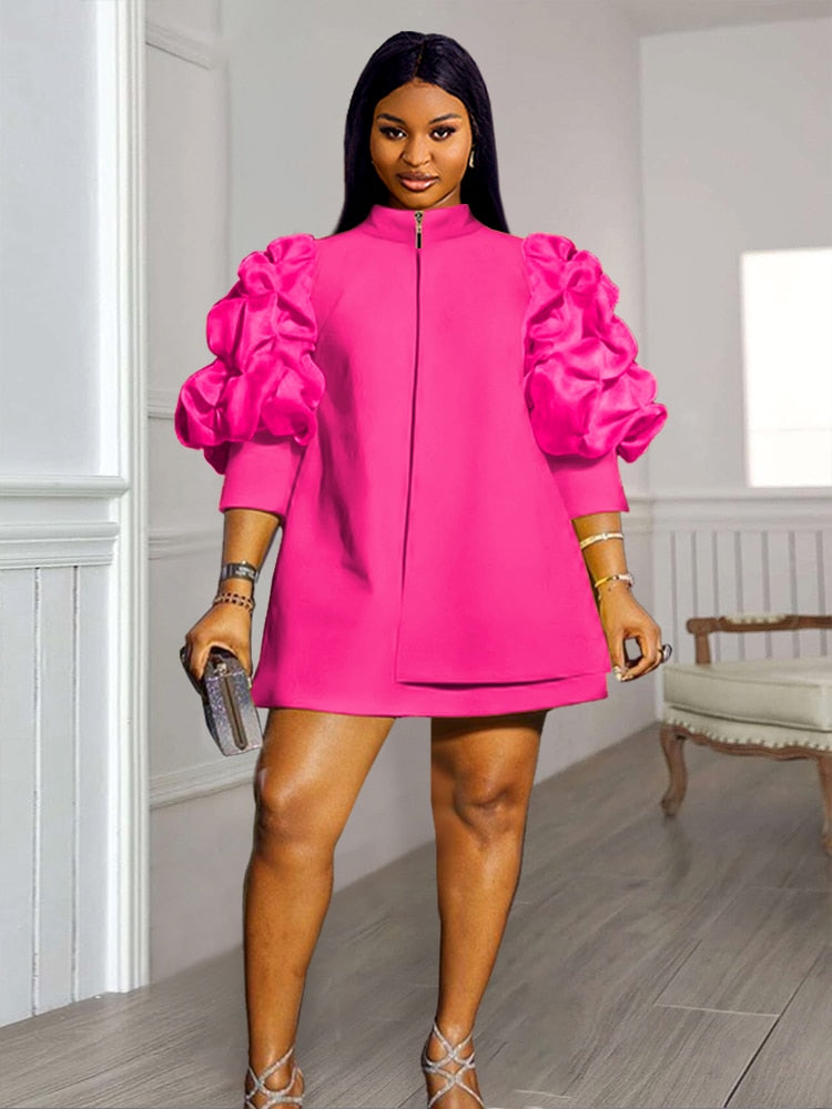Plus Size 4XL Mini Shift Dress Women High Neck Puff Sleeve Zipper Robes Vintage Party Club Events Wear Trendy Fall Winter 2023