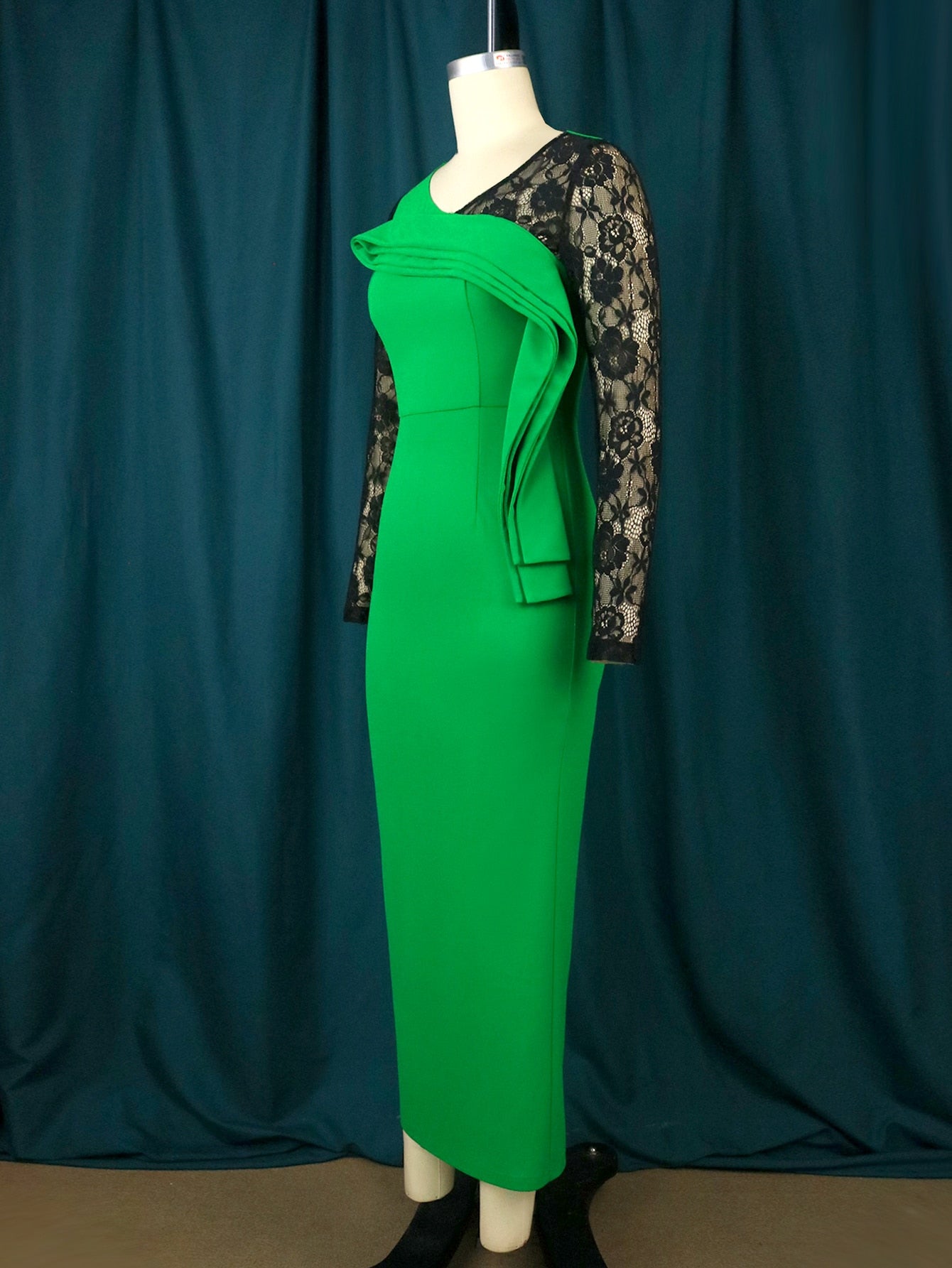 Plus Size Dress Women Green Bocydon Pleated Party Dress Patchwork Lace Long Sleeve Birthday African Event Celebrate Gowns