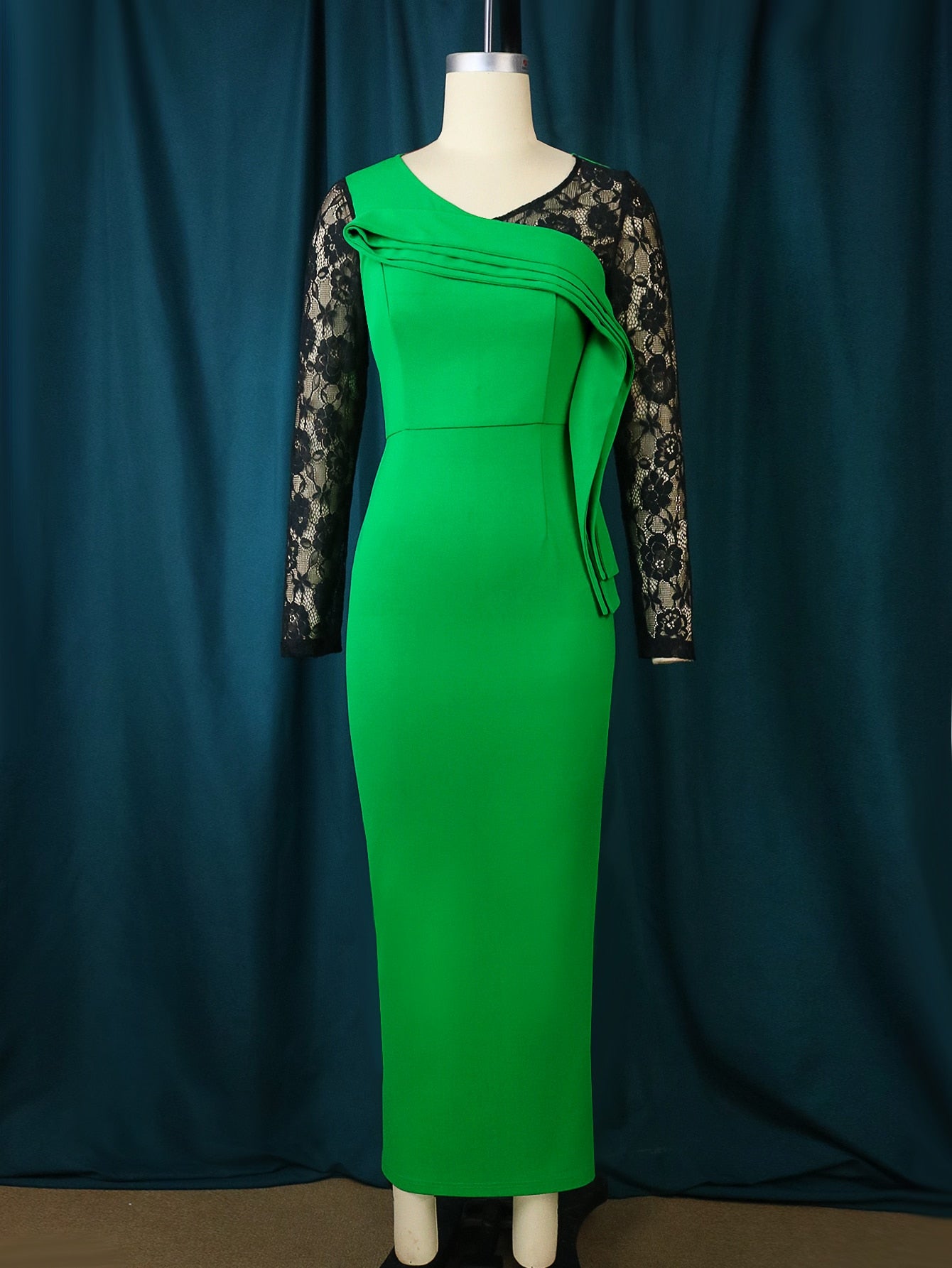 Plus Size Dress Women Green Bocydon Pleated Party Dress Patchwork Lace Long Sleeve Birthday African Event Celebrate Gowns