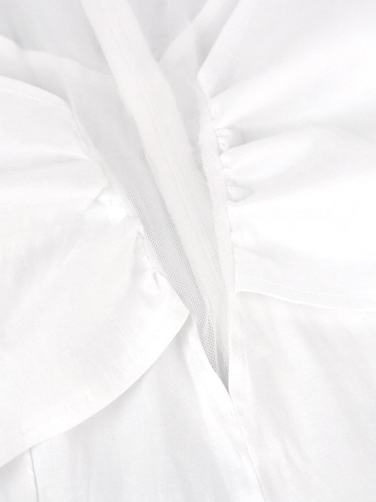 plus size White Blouses for Women Fashion Patchwork Mesh See Through Peplum Party Tops Sexy Ruffles Event Elegant Female Shirt Summer
