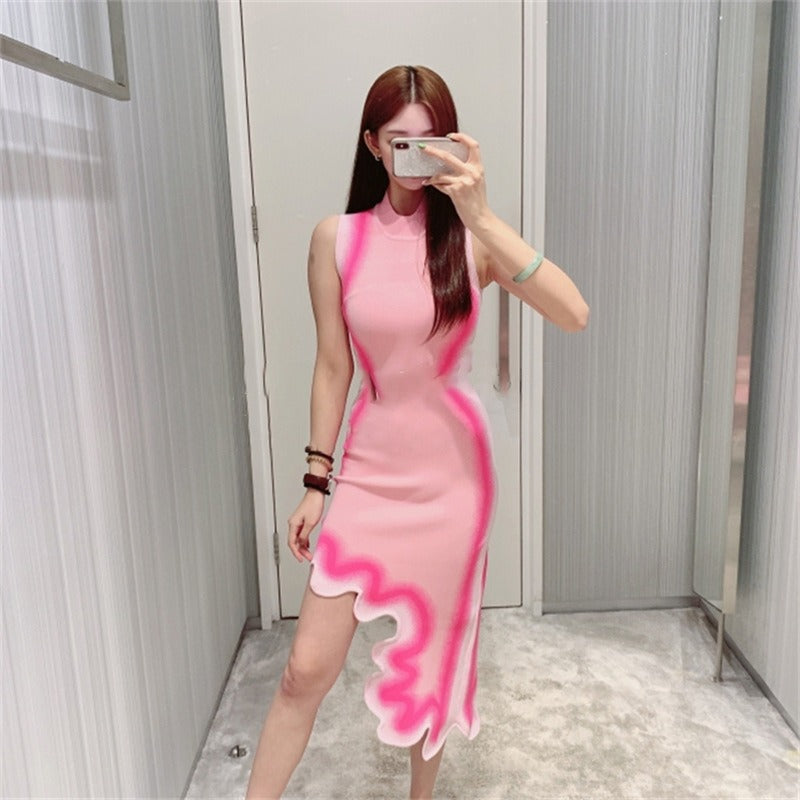 sexy high waist Slim pink sleeveless package hip Women's dress
