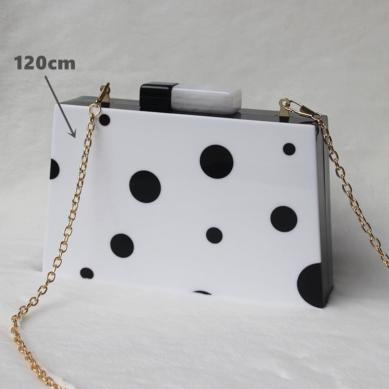 Women New One Shoulder Diagonal Bag Fashion Acrylic Dinner Wedding Bag Black And White Polka Dot Handbag