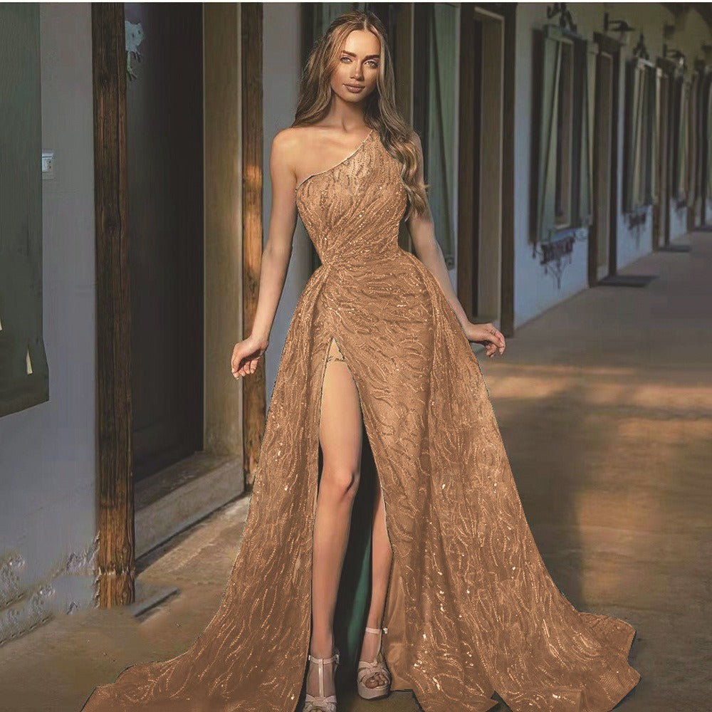 Oblique Shoulder Split Long Dress, Toast Dress, Sequin Sling Evening Dress