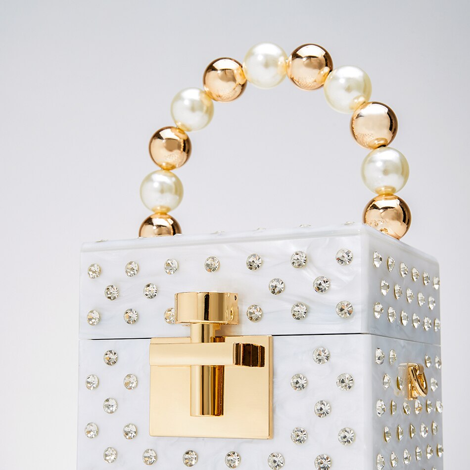 Acrylic Box Evening Crystal Clutch Bag Women New Pearl Beaded Handle Rhinestone Novelty Wedding Purse And Handbags