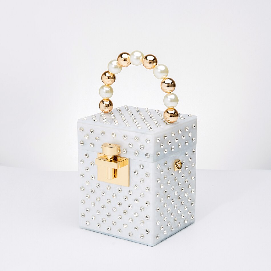 Acrylic Box Evening Crystal Clutch Bag Women New Pearl Beaded Handle Rhinestone Novelty Wedding Purse And Handbags