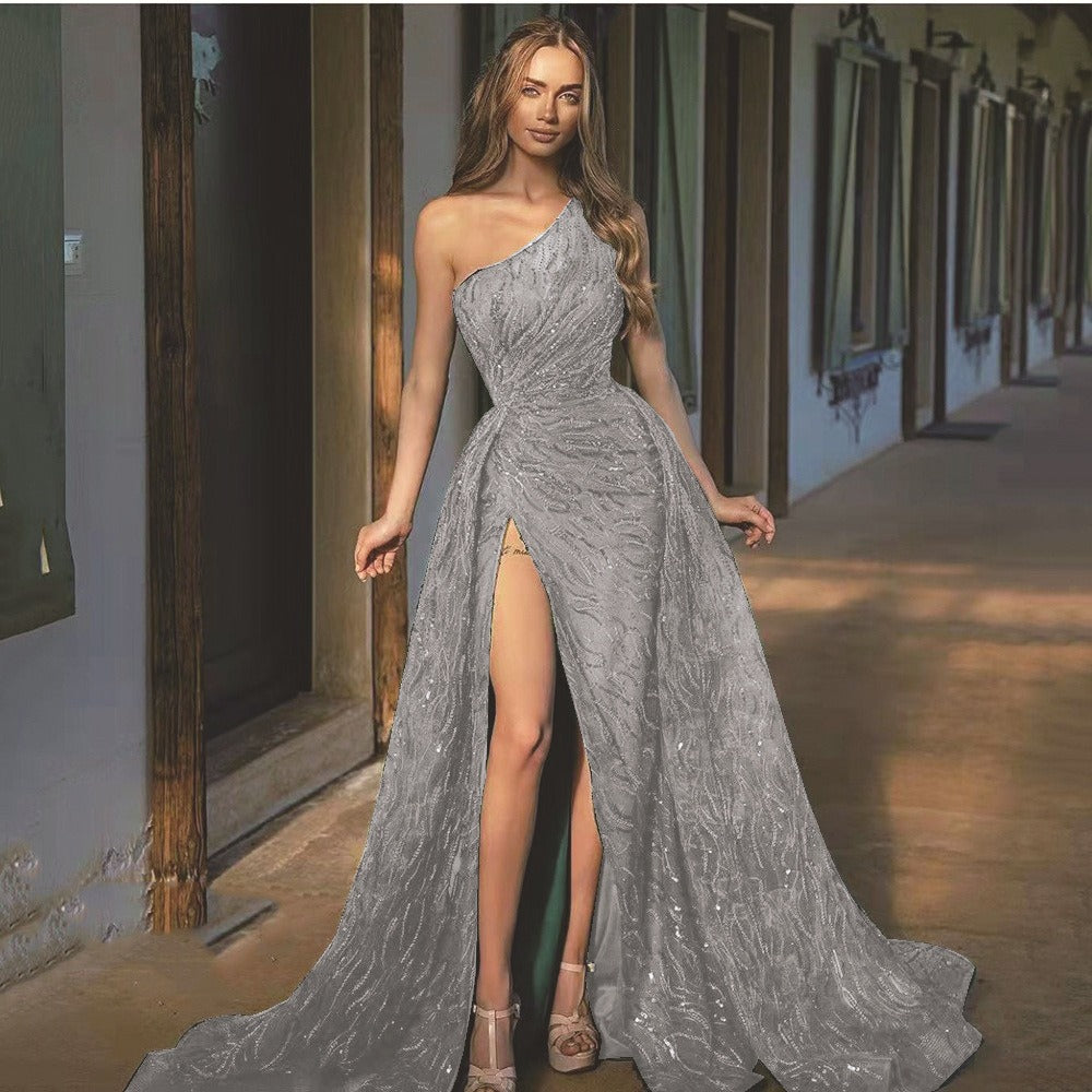Oblique Shoulder Split Long Dress, Toast Dress, Sequin Sling Evening Dress