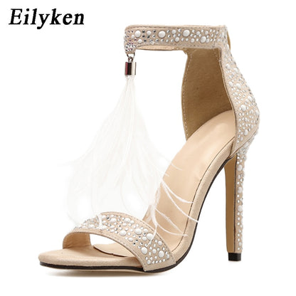 Women Sandals Pumps Summer Rhinestone Zipper Feather High Heel Apricot Women Wedding Pumps Shoes
