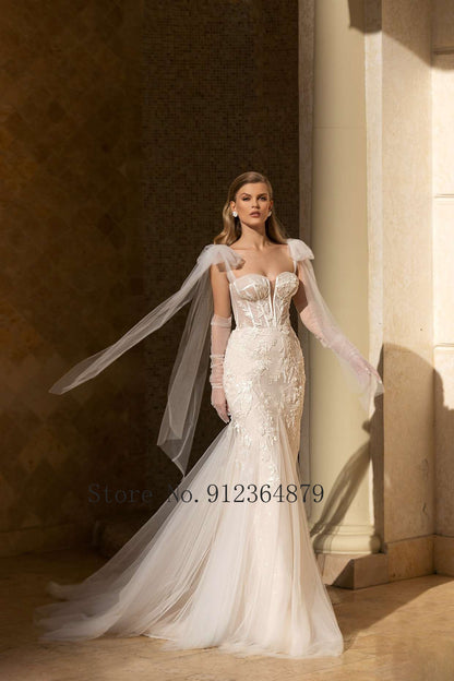 Luxury Mermaid Wedding Dresses  Thick Staps Detachable Train 2 In 1 Lace Applique Wedding Gowns Tailor-Made