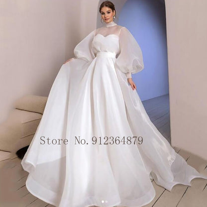 Elegant Halter Neck Organza Wedding Dresses Puff Sleeve Bride Gown Simple And Clean Vestido De Novia 2022