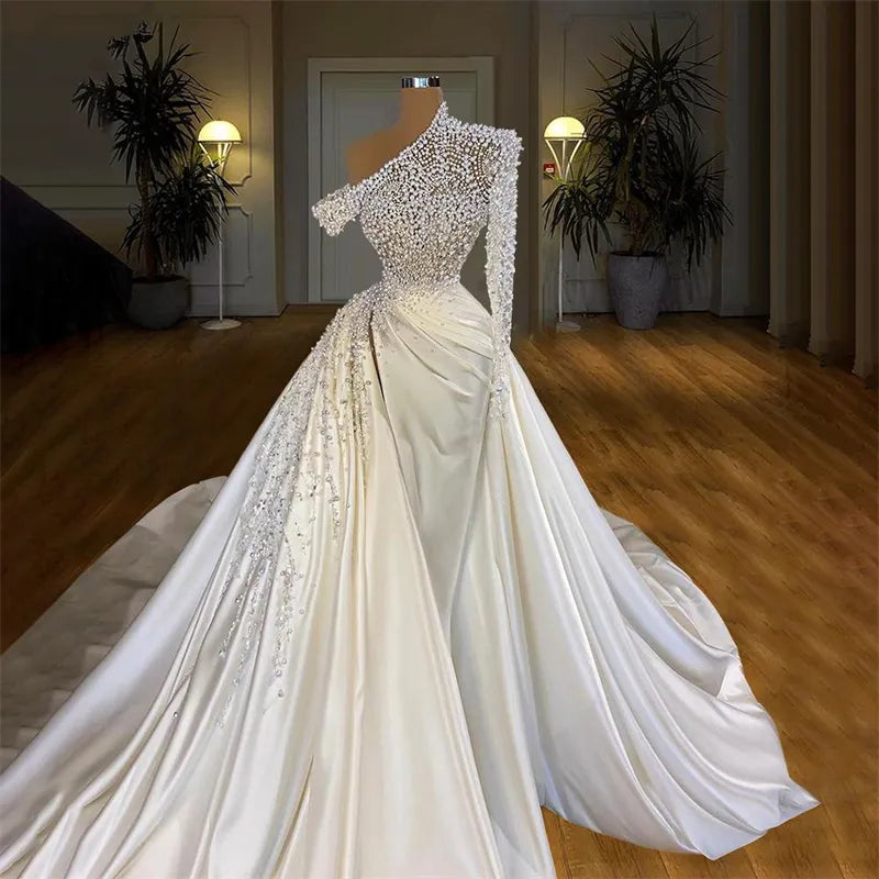 Pearls One Shoulder With Detachable Train Bridal Gown Custom Made Sweep Train Robes De Mariée