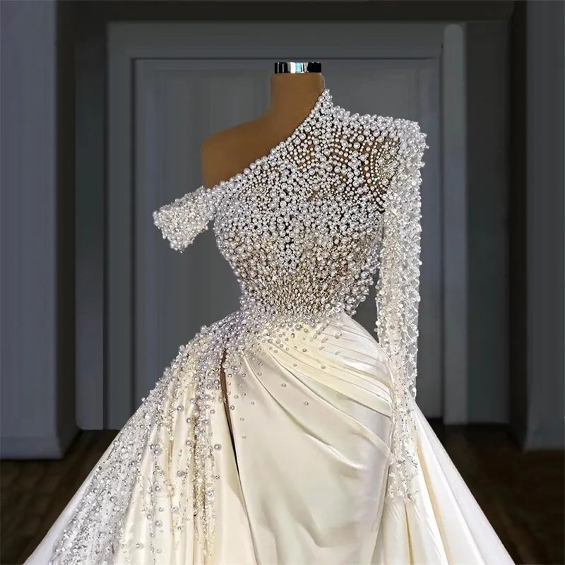 Pearls One Shoulder With Detachable Train Bridal Gown Custom Made Sweep Train Robes De Mariée