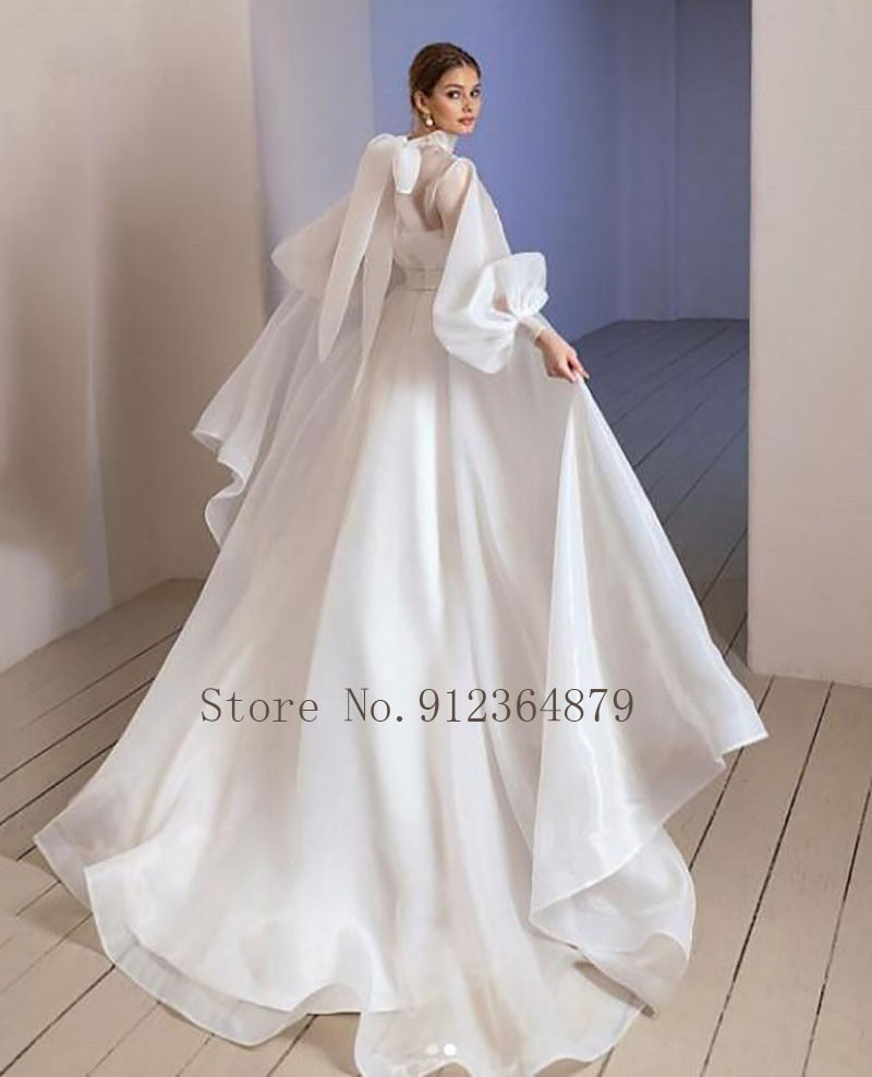 Elegant Halter Neck Organza Wedding Dresses Puff Sleeve Bride Gown Simple And Clean Vestido De Novia 2022