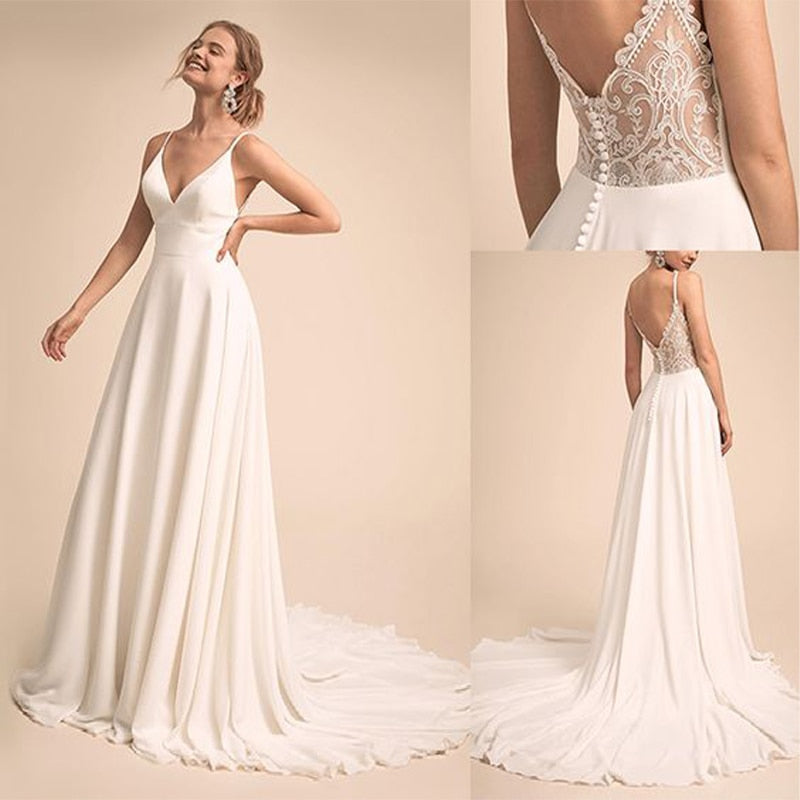 Simple & Charming V-neck Neckline Wedding Dress With Lace Back Bridal Dress vestido de festa de casamento