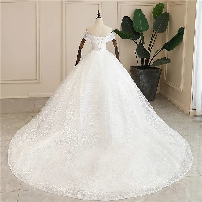 Luxury Sequins Wedding Dress Classic Boat Neck Bridal Gown Off The Shoulder Vestido De Noiva Robe De Mariee Customize