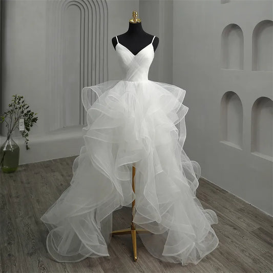 Short Front Long Back White Wedding Dresses Spaghetti Straps Deep V Neck High-low Bridal Gowns Vestido Custom Color
