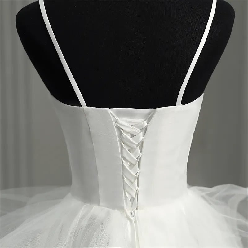Short Front Long Back White Wedding Dresses Spaghetti Straps Deep V Neck High-low Bridal Gowns Vestido Custom Color