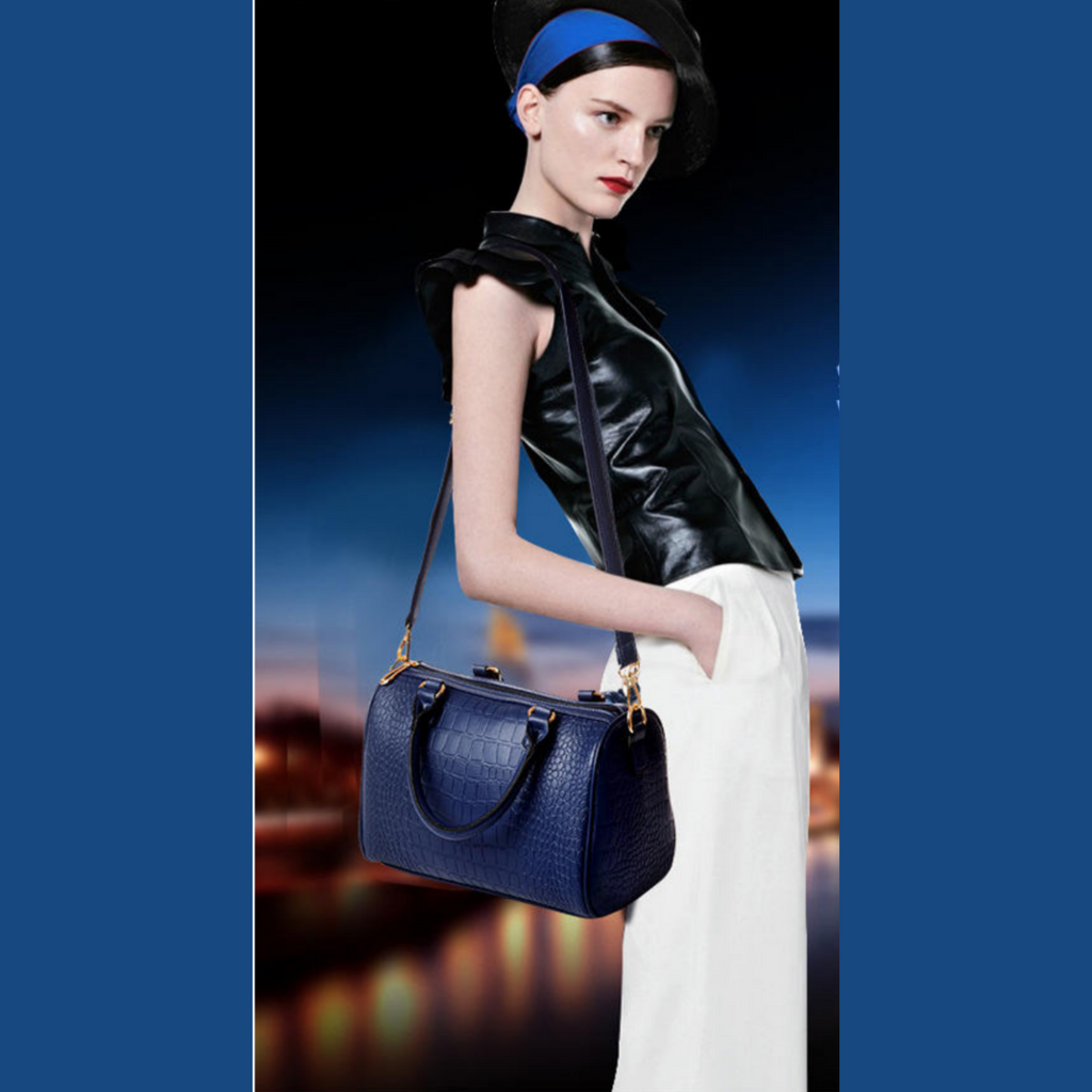 Clemse N: 00006 Leather Duffel Bag for women Vintage Crocodile Pattern Weekender Overnight Luggage Carryon Handbag Weekend Tote bag