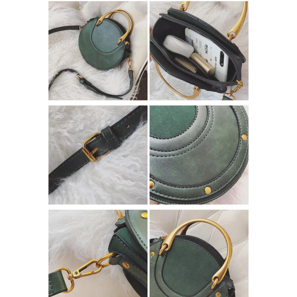 Clemse N 00013 Round Crossbody Purse for Women, Circle Quilted Clutch Bag, Small PU Leather Evening Shoulder Handbag