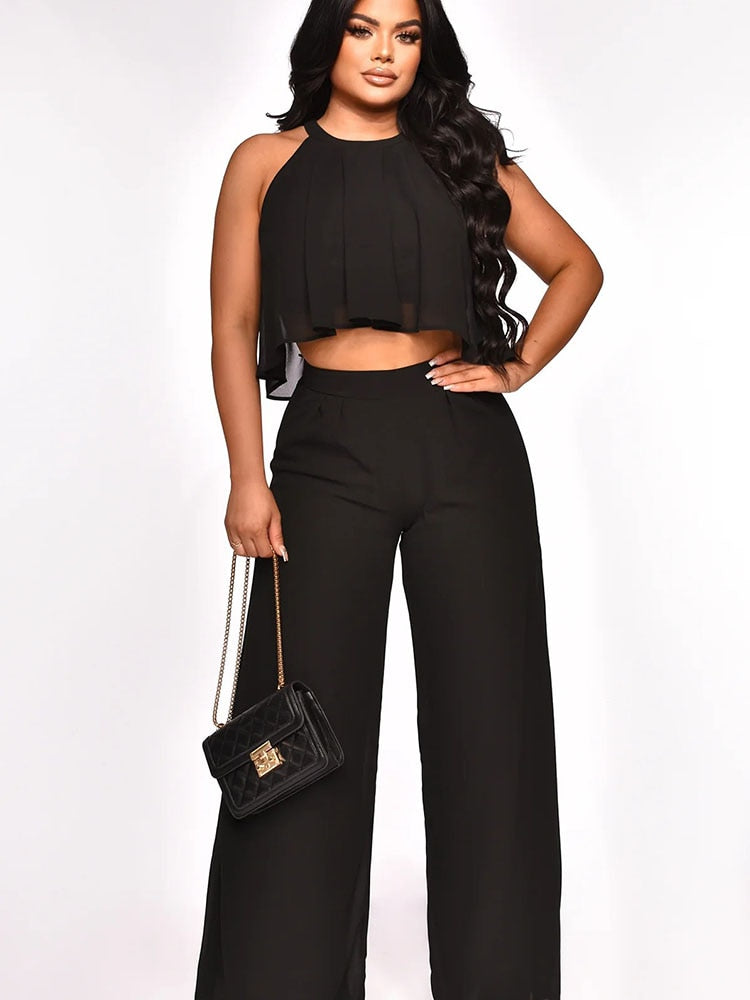 Znaiml Summer Sleeveless Ruffles Crop Top Loose Wide Leg Pants Suit for Women Clothes Chiffon Two Piece Set Vacation Club Outfit