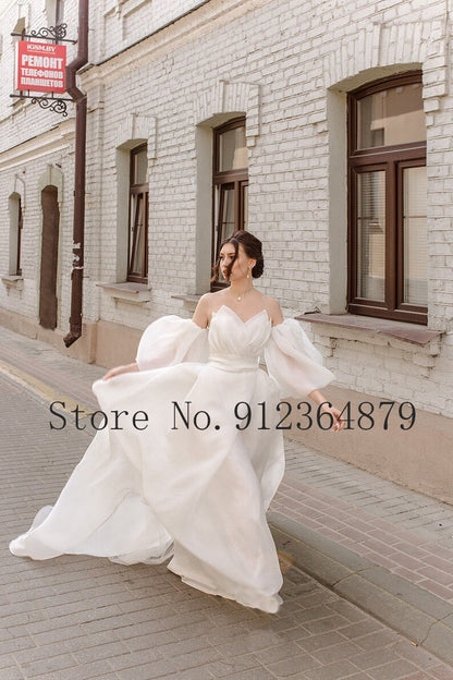 trapless Ruched Bodice Neck Organza Wedding Dress with Detachable Long Sleeves Empire Bridal Gowns Vestido De Noiva