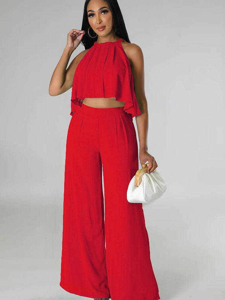 Znaiml Summer Sleeveless Ruffles Crop Top Loose Wide Leg Pants Suit for Women Clothes Chiffon Two Piece Set Vacation Club Outfit