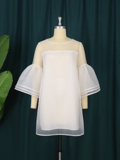 Plus Size 4XL Loose Dresses for Women White O Neck Mesh Tierred Robes Flare Sleeve Mini Gowns Party Event Occasion Outfits Fall
