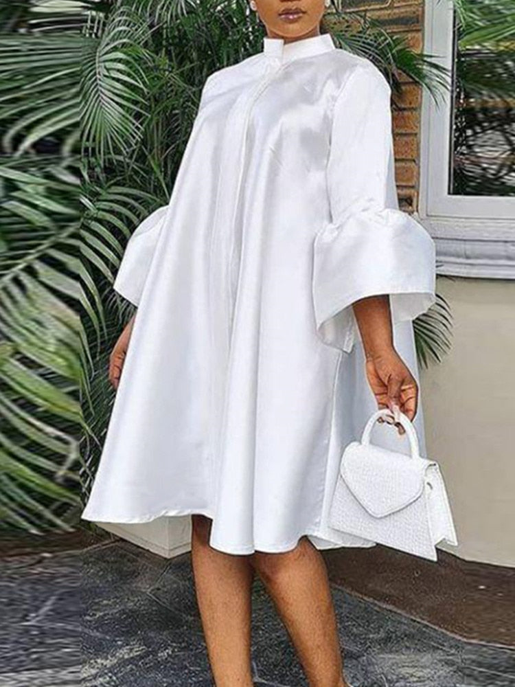 Women Loose Shirt Dress Puff Sleeves White Dresses Summer Autumn Fashion Casual Classy Holiday Robes Large Size 3XL Tunic 2023