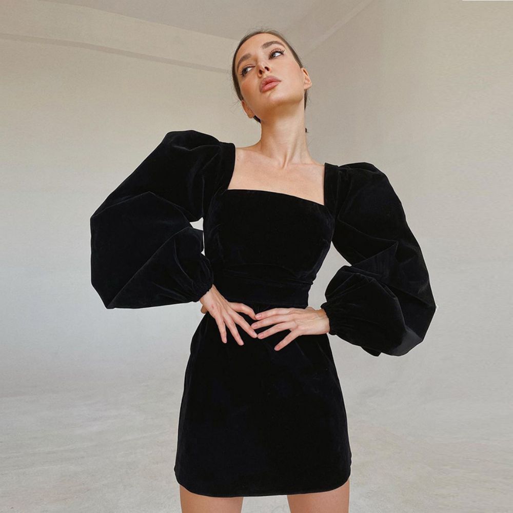 Amandina Luxe Square Collar Long Lantern Sleeves Velvet Mini Dress