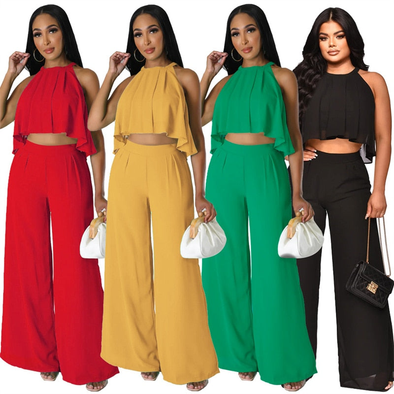 Znaiml Summer Sleeveless Ruffles Crop Top Loose Wide Leg Pants Suit for Women Clothes Chiffon Two Piece Set Vacation Club Outfit
