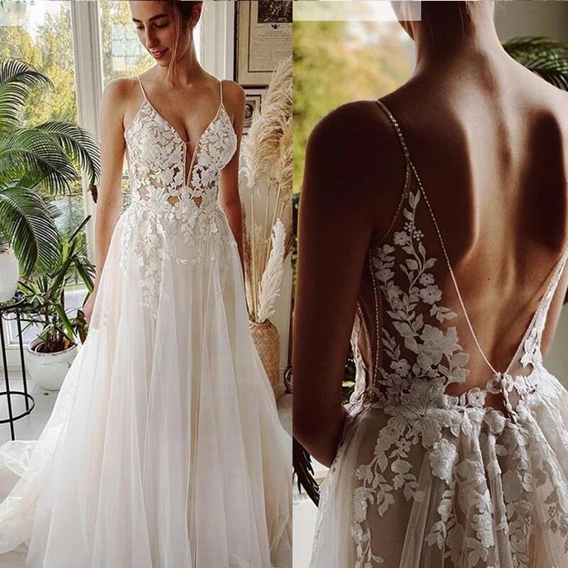 Sheer Illusion Beach Wedding Dresses 2023 Long Tulle Lace Vintage Bridal Gown A-Line Court Train Pluging V-Neck Vestido de Noiva