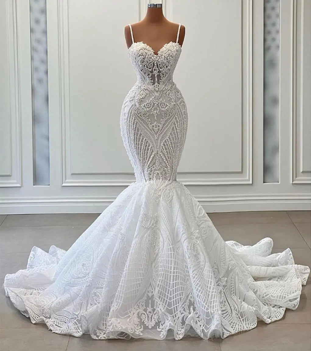 Fancy Pearls Mermaid Wedding Dresses Lace Appliques Spaghetti Straps Bridal Gowns Custom Made Sleeveless Vestido de novia