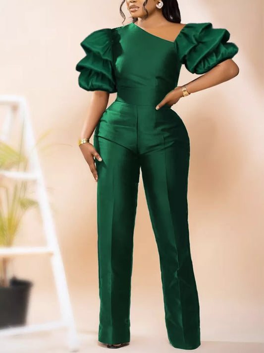 Women Jumpsuits Shiny Skew Collar Puff Sleeves High Waist One Piece Slim Elegant Office Ladies Summer Fashion Party Elegant New